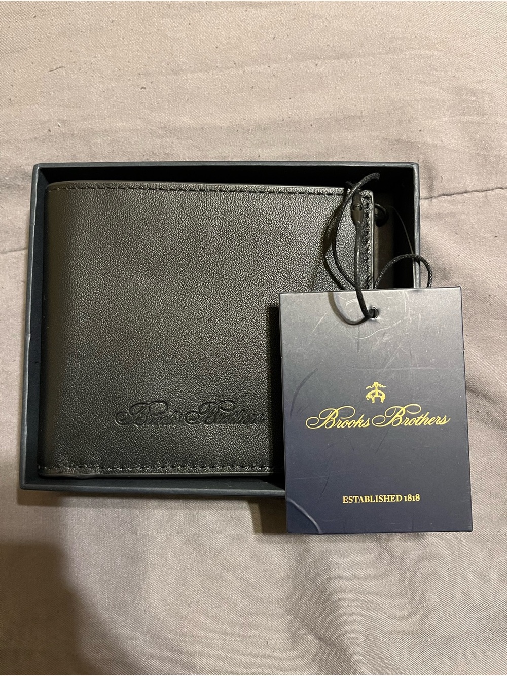 Brooks Brothers Black Leather Bi-Fold Wallet with Logo Emboss